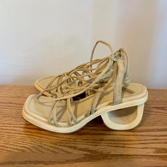 VTG y2k Bamboo Cut Out Heels Wrap Tie Sandal Wedge Wood Suede 7 2000 90s Chunk - Picture 5 of 12